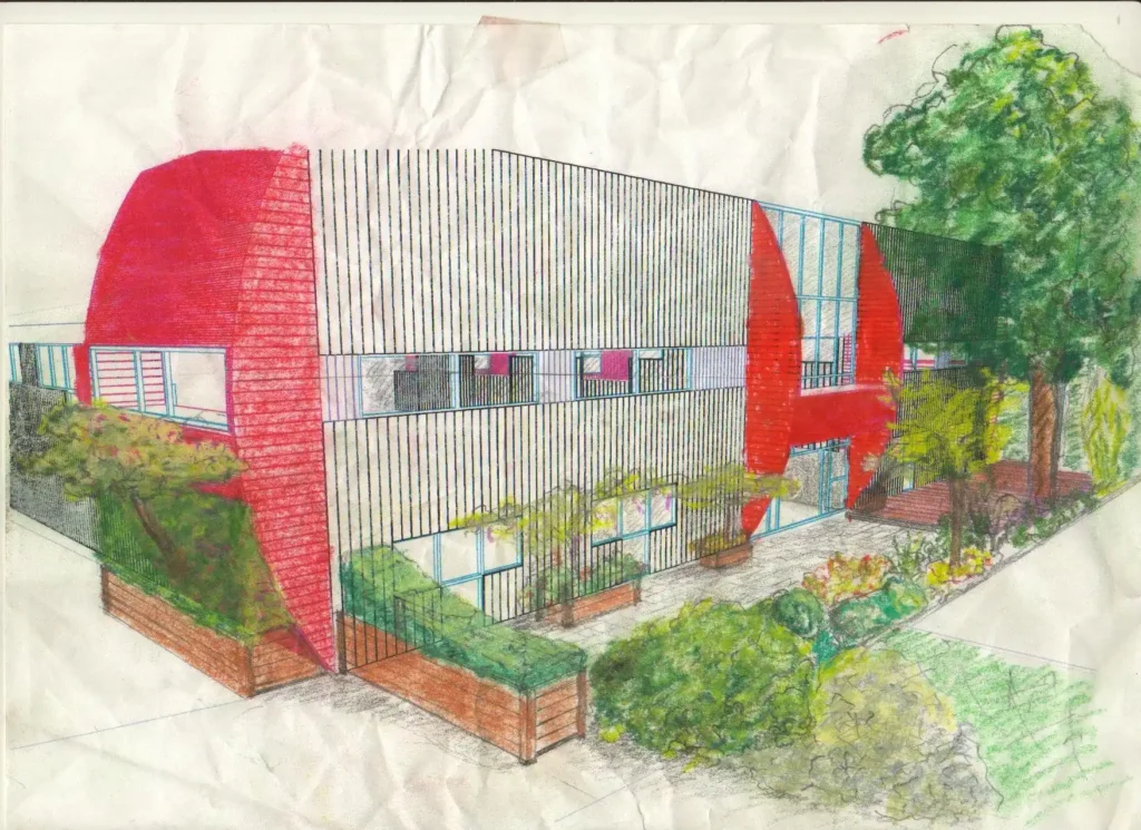 Plan d'une façade de bâtiment et de son espace vert aménagé.