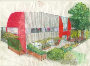 Plan d'une façade de bâtiment et de son espace vert aménagé.