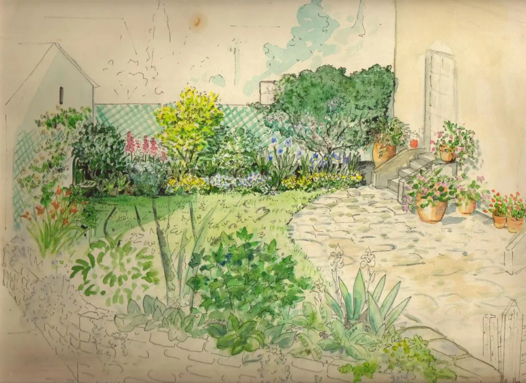 Plan à l'aquarelle - massifs et allée en pierres.